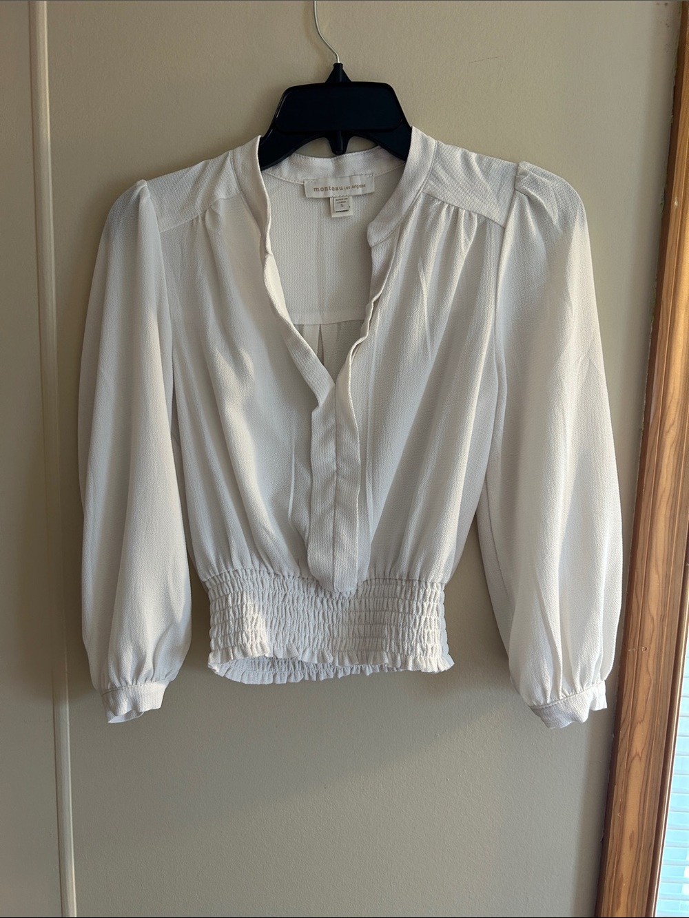 Monteau White Smocked Waist Peasant Blouse